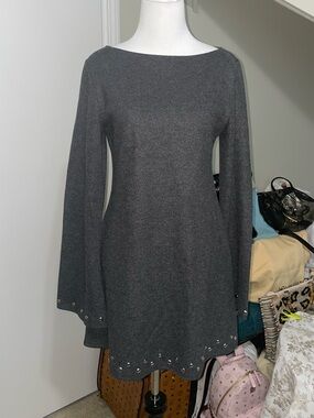 Zara Dark Gray Long-Sleeve A-Line Dress sweater dress with Stud Trim